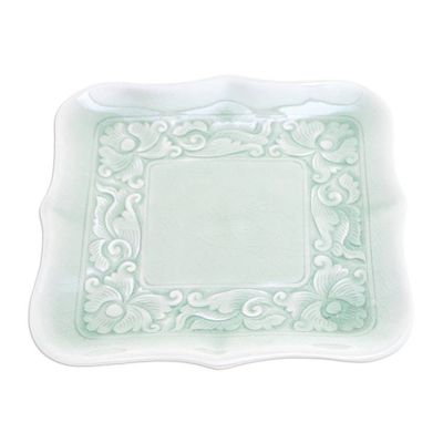 Alternate image for Handmade Green Celadon Ceramic Catchall with Floral Motifs Green Allure