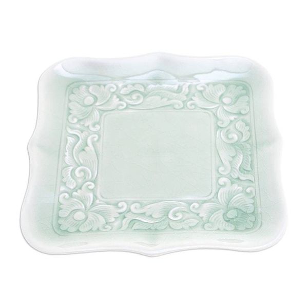 Alternate image for Handmade Green Celadon Ceramic Catchall with Floral Motifs Green Allure