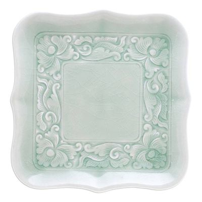 Alternate image for Handmade Green Celadon Ceramic Catchall with Floral Motifs Green Allure