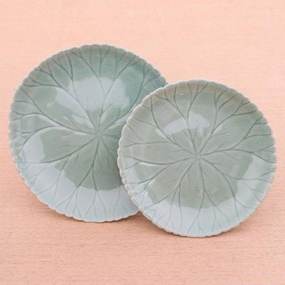 Alternate image for Food Safe Celadon Ceramic Lotus Motif Plates Pair Lotus Garden