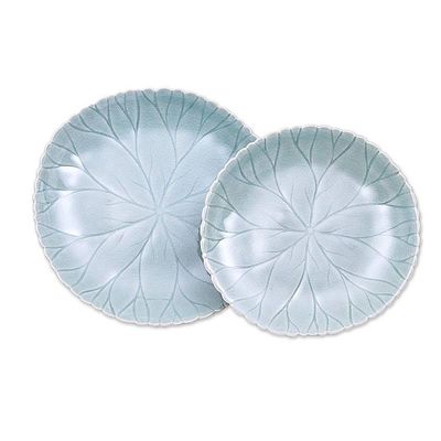Alternate image for Food Safe Celadon Ceramic Lotus Motif Plates Pair Lotus Garden