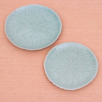 Alternate image for Food Safe Celadon Ceramic Lotus Motif Plates Pair Lotus Garden