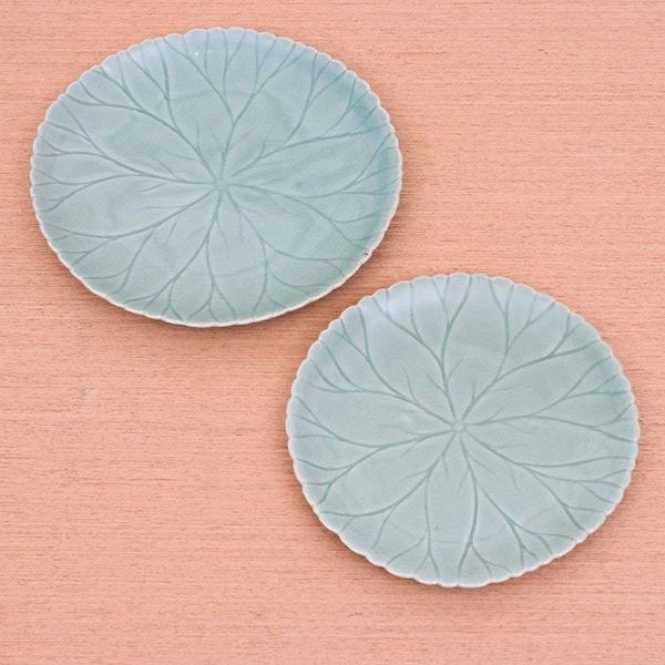 Alternate image for Food Safe Celadon Ceramic Lotus Motif Plates Pair Lotus Garden
