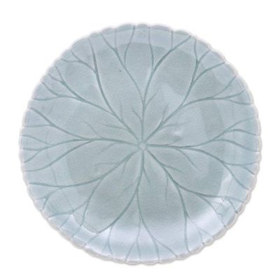 Alternate image for Food Safe Celadon Ceramic Lotus Motif Plates Pair Lotus Garden
