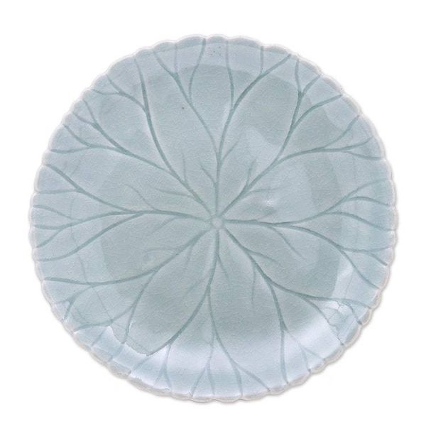 Alternate image for Food Safe Celadon Ceramic Lotus Motif Plates Pair Lotus Garden