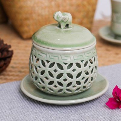 Alternate image for Green Celadon Ceramic Teacup Set with Saucer Strainer  Lid Triumphant Elephant