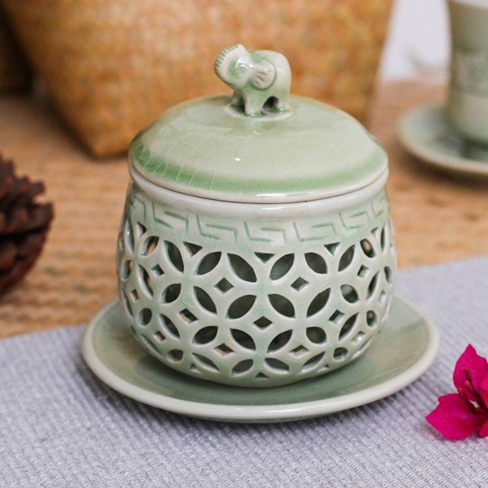 Green Celadon Ceramic Teacup Set with Saucer Strainer Lid 'Triumphant Elephant'