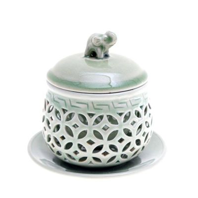 Alternate image for Green Celadon Ceramic Teacup Set with Saucer Strainer  Lid Triumphant Elephant