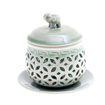 Alternate image for Green Celadon Ceramic Teacup Set with Saucer Strainer  Lid Triumphant Elephant