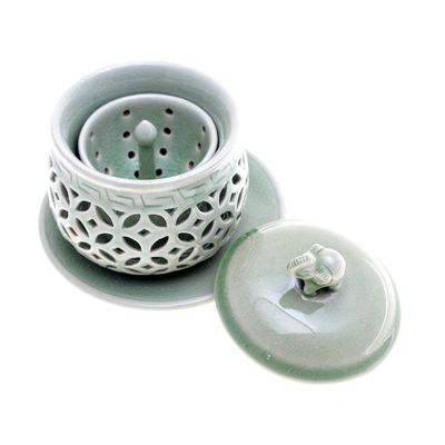 Alternate image for Green Celadon Ceramic Teacup Set with Saucer Strainer  Lid Triumphant Elephant