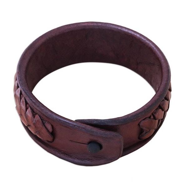 Alternate image for Handcrafted Woven Leather Wristband Bracelet from Thailand Weavers Life