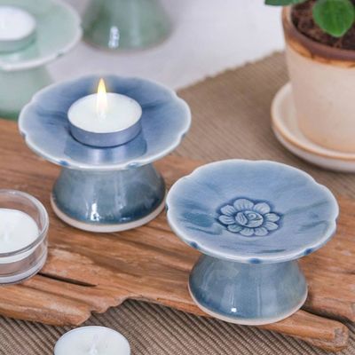 Alternate image for Pair of Floral Celadon Ceramic Candle Holders in Blue Carved Flower in Blue
