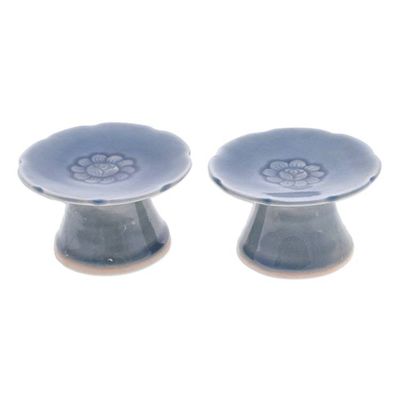 Alternate image for Pair of Floral Celadon Ceramic Candle Holders in Blue Carved Flower in Blue