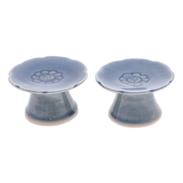 Alternate image for Pair of Floral Celadon Ceramic Candle Holders in Blue Carved Flower in Blue