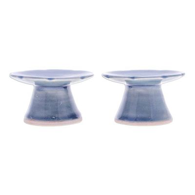 Alternate image for Pair of Floral Celadon Ceramic Candle Holders in Blue Carved Flower in Blue
