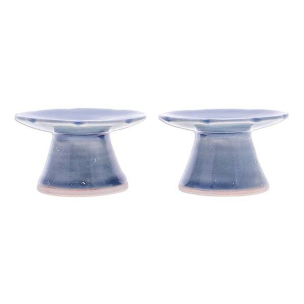 Alternate image for Pair of Floral Celadon Ceramic Candle Holders in Blue Carved Flower in Blue
