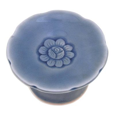 Alternate image for Pair of Floral Celadon Ceramic Candle Holders in Blue Carved Flower in Blue