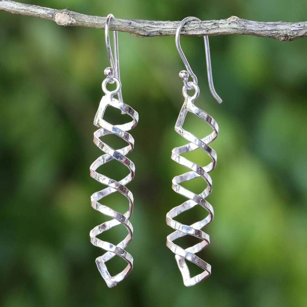 Shiny 925 Silver Spiral Earrings Artisan Crafted in Thailand 'Cheerful Serpentines'