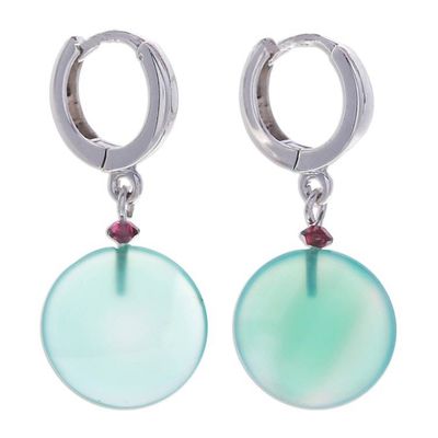 Alternate image for Sterling Silver Hoop Earrings with Green Onyx and Garnet Green Full Moon