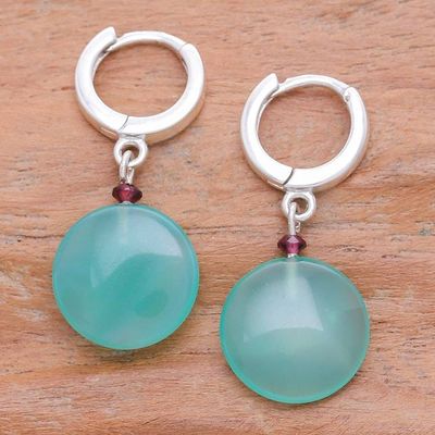 Alternate image for Sterling Silver Hoop Earrings with Green Onyx and Garnet Green Full Moon