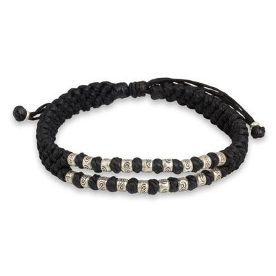 Alternate image for Thai Macrame Black Wristband Bracelet with Silver 950 Beads Black Infinity Twins
