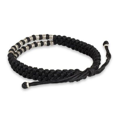 Alternate image for Thai Macrame Black Wristband Bracelet with Silver 950 Beads Black Infinity Twins