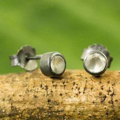 Alternate image for Sterling Silver Stud Earrings with Faceted Moonstone Snow Glow