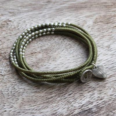 Alternate image for 21 Inch Thai Hill Tribe Silver and Green Cord Wrap Bracelet Green Hill Tribe Sweetheart