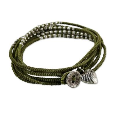 Alternate image for 21 Inch Thai Hill Tribe Silver and Green Cord Wrap Bracelet Green Hill Tribe Sweetheart