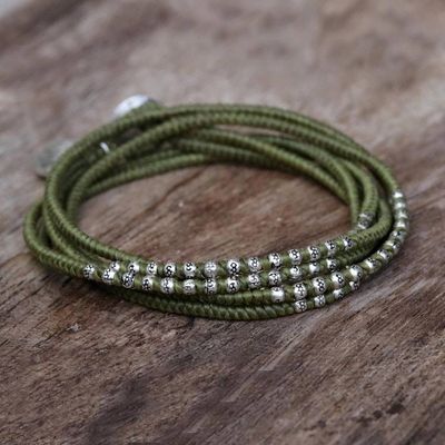 Alternate image for 21 Inch Thai Hill Tribe Silver and Green Cord Wrap Bracelet Green Hill Tribe Sweetheart