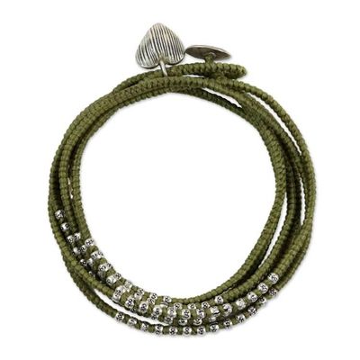 Alternate image for 21 Inch Thai Hill Tribe Silver and Green Cord Wrap Bracelet Green Hill Tribe Sweetheart