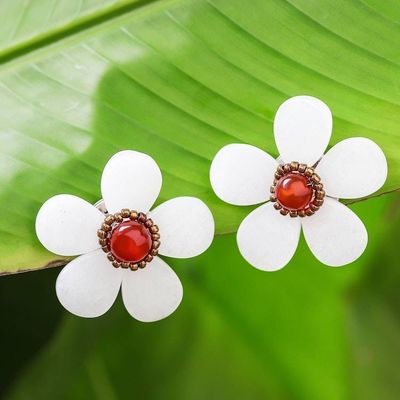 Alternate image for Floral Quartz and Carnelian Clip-On Earrings from Thailand White Flower Garden