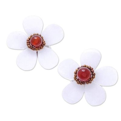 Alternate image for Floral Quartz and Carnelian Clip-On Earrings from Thailand White Flower Garden