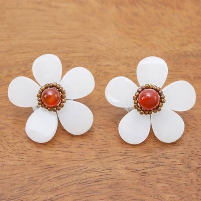 Alternate image for Floral Quartz and Carnelian Clip-On Earrings from Thailand White Flower Garden