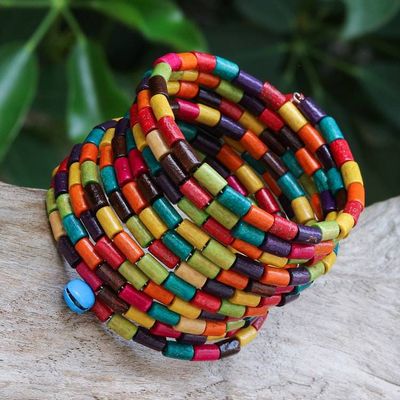 Alternate image for Multicolor Wood Cylinder Beaded Wrap Bracelet with Bells 2 Confetti Spin