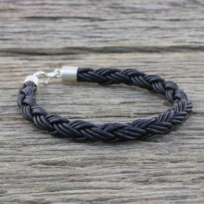 Alternate image for Mens Leather Braided Bracelet in Black from Thailand Sophisticated Braid in Black