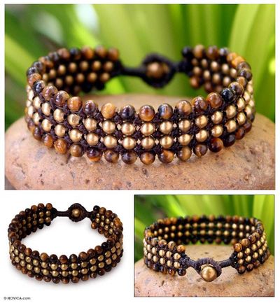 Alternate image for Tigers Eye and Brass Wristband Bracelet Golden Dawn