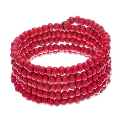 Alternate image for Red Beaded Wood Wrap Bracelet with Bells 1 In Crimson Spin
