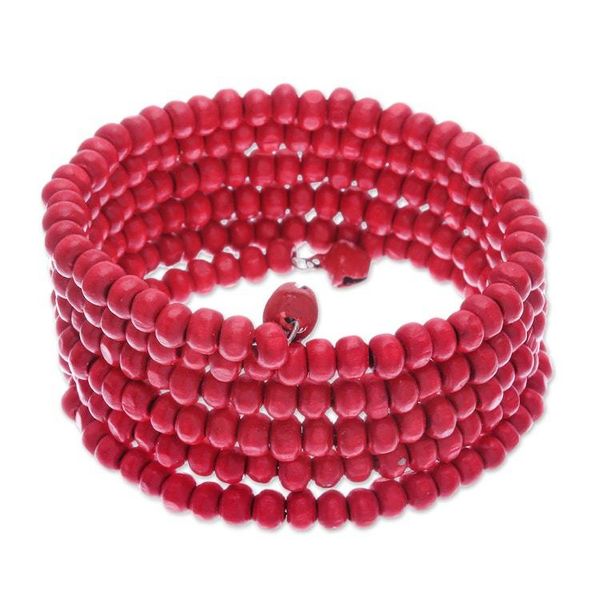 Alternate image for Red Beaded Wood Wrap Bracelet with Bells 1 In Crimson Spin