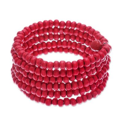 Alternate image for Red Beaded Wood Wrap Bracelet with Bells 1 In Crimson Spin