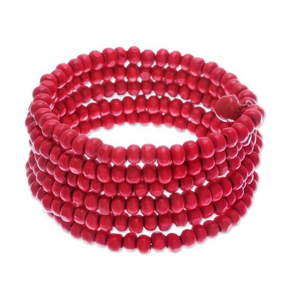 Alternate image for Red Beaded Wood Wrap Bracelet with Bells 1 In Crimson Spin