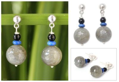 Alternate image for Labradorite and onyx dangle earrings Neptunes Queen