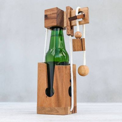 Alternate image for Handmade Wood Bottle Holder and Puzzle 5.5 Inch Open the Bottle