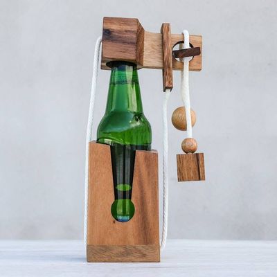 Alternate image for Handmade Wood Bottle Holder and Puzzle 5.5 Inch Open the Bottle