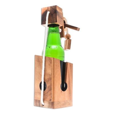 Alternate image for Handmade Wood Bottle Holder and Puzzle 5.5 Inch Open the Bottle