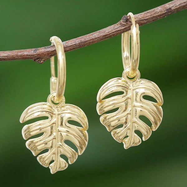 Alternate image for Handcrafted Thai Gold Plated Dangle Earrings Tropical Leaf