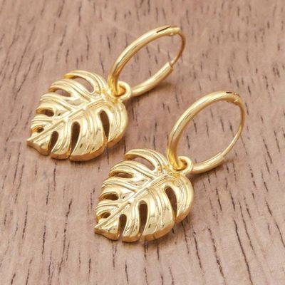 Alternate image for Handcrafted Thai Gold Plated Dangle Earrings Tropical Leaf