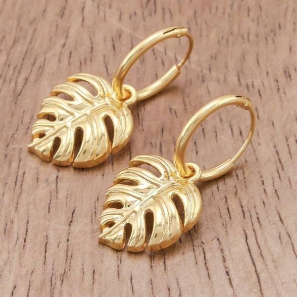 Alternate image for Handcrafted Thai Gold Plated Dangle Earrings Tropical Leaf
