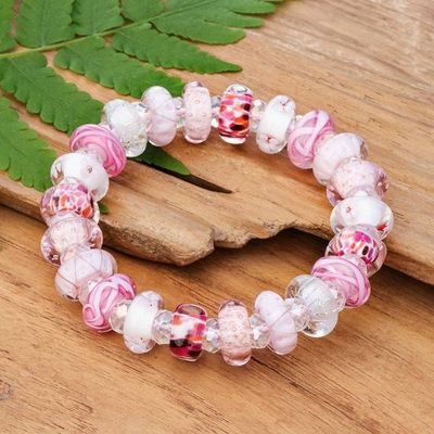 Alternate image for Blown Glass and Crystal Beaded Stretch Bracelet in Pink Hue Art Glass