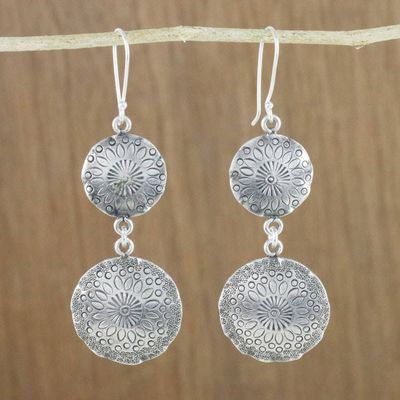 Alternate image for 950 Silver Floral Stamped Hill Tribe Dangle Earrings Floral Globes